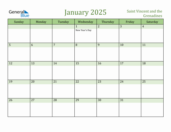 January 2025 Calendar with Saint Vincent and the Grenadines Holidays