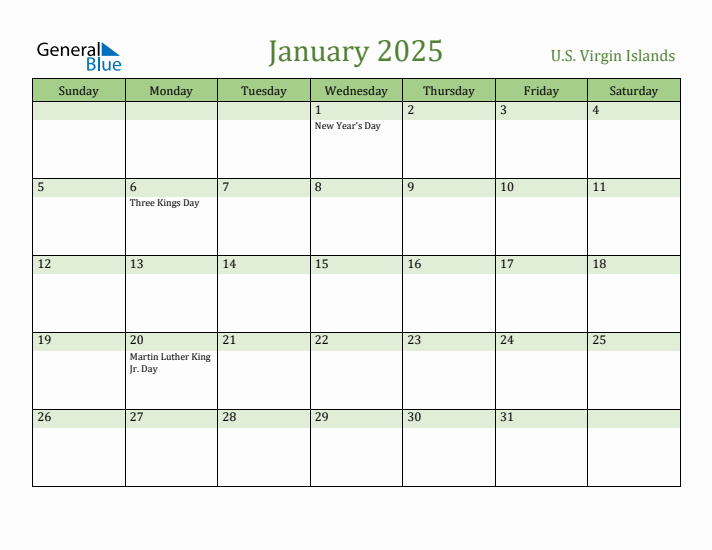 January 2025 Calendar with U.S. Virgin Islands Holidays
