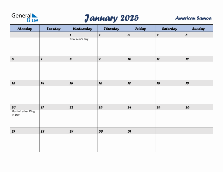 January 2025 Calendar with Holidays in American Samoa