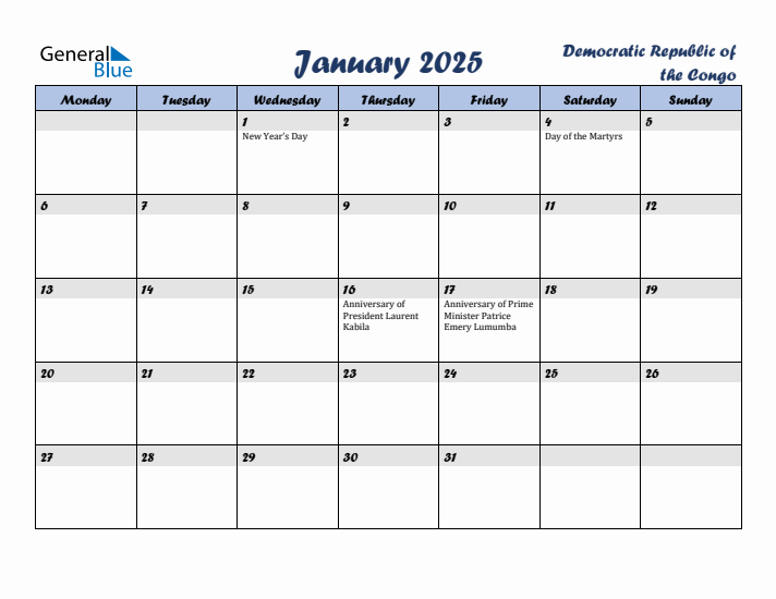 January 2025 Calendar with Holidays in Democratic Republic of the Congo