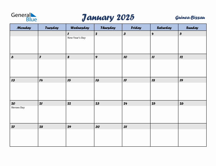 January 2025 Calendar with Holidays in Guinea-Bissau
