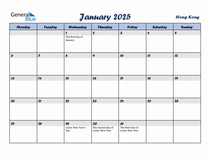 January 2025 Calendar with Holidays in Hong Kong