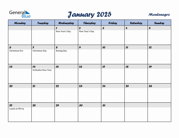 January 2025 Calendar with Holidays in Montenegro