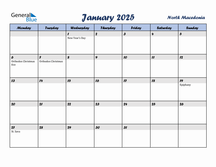 January 2025 Calendar with Holidays in North Macedonia