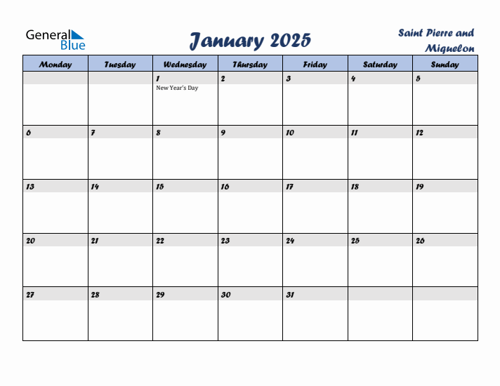 January 2025 Calendar with Holidays in Saint Pierre and Miquelon