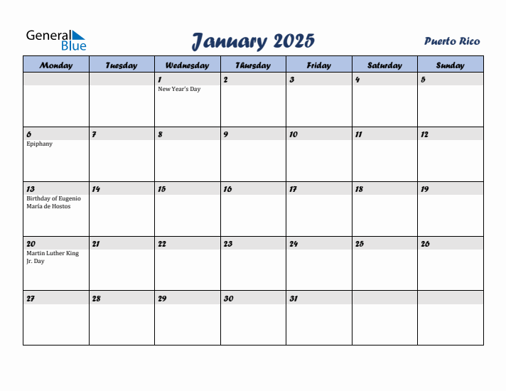 January 2025 Calendar with Holidays in Puerto Rico