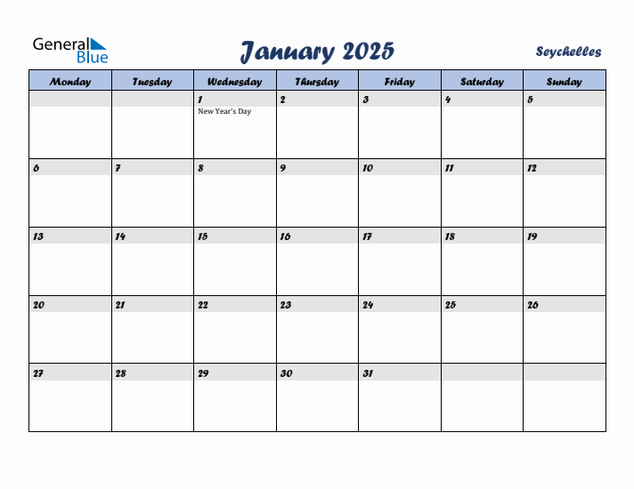 January 2025 Calendar with Holidays in Seychelles