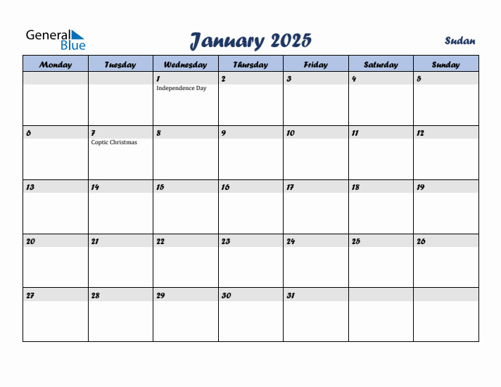 January 2025 Calendar with Holidays in Sudan