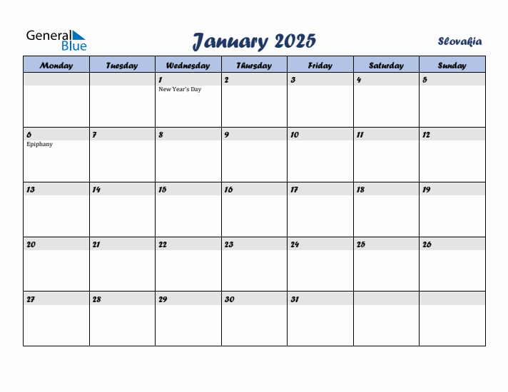 January 2025 Calendar with Holidays in Slovakia