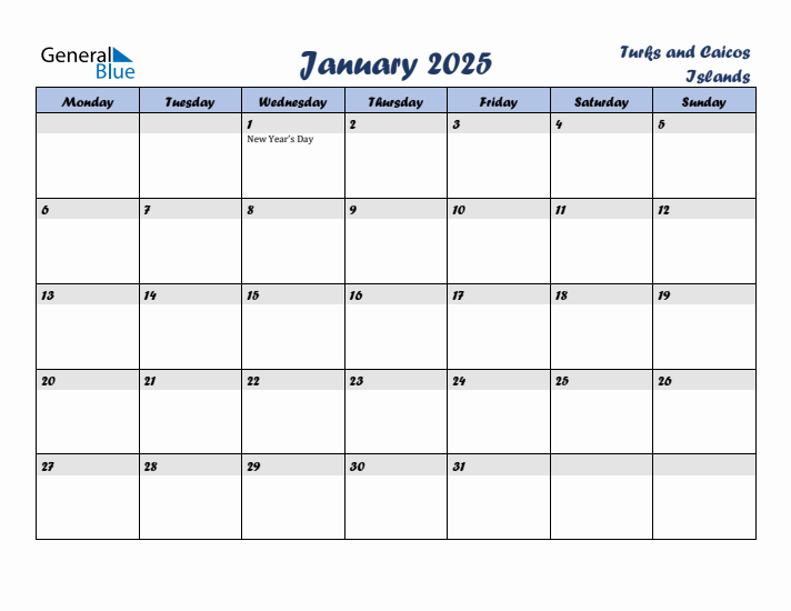 January 2025 Calendar with Holidays in Turks and Caicos Islands