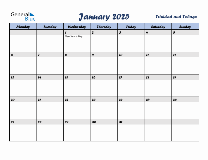 January 2025 Calendar with Holidays in Trinidad and Tobago