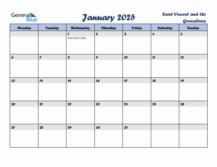 January 2025 Calendar with Holidays in Saint Vincent and the Grenadines