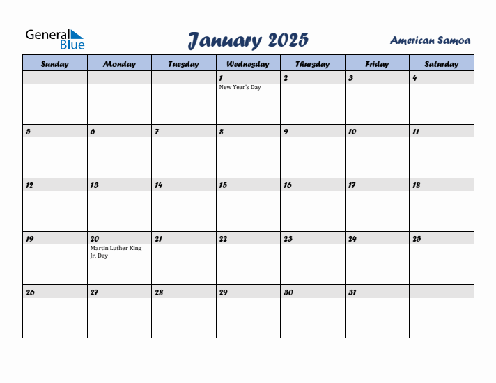 January 2025 Calendar with Holidays in American Samoa