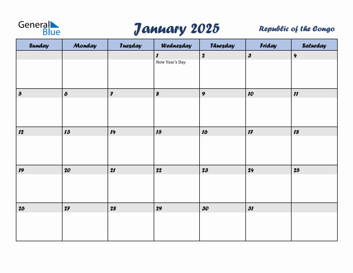 January 2025 Calendar with Holidays in Republic of the Congo