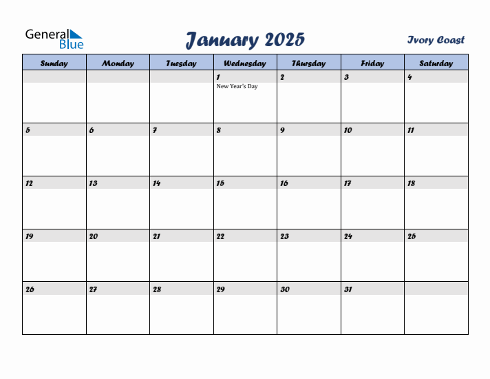 January 2025 Calendar with Holidays in Ivory Coast