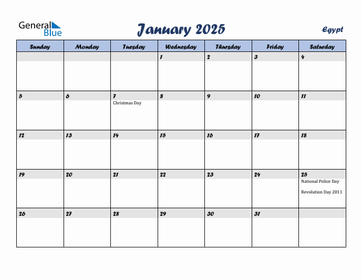 January 2025 Calendar with Holidays in Egypt