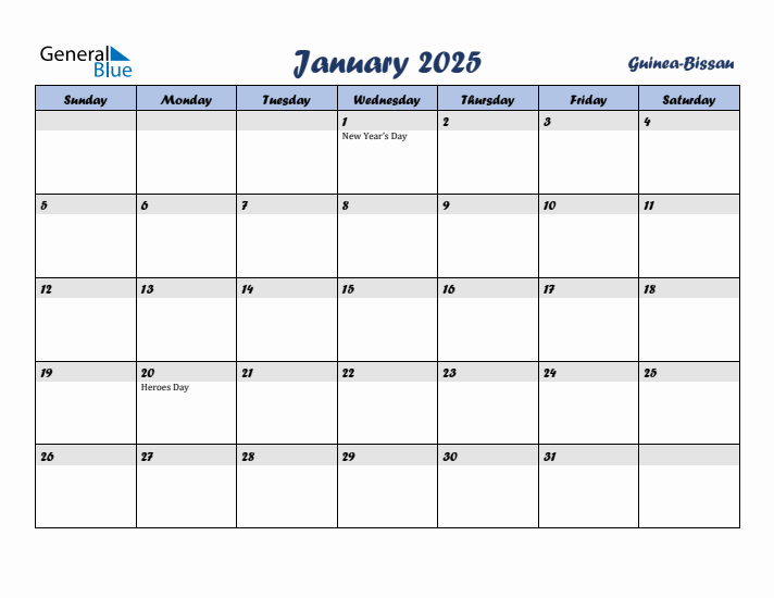 January 2025 Calendar with Holidays in Guinea-Bissau