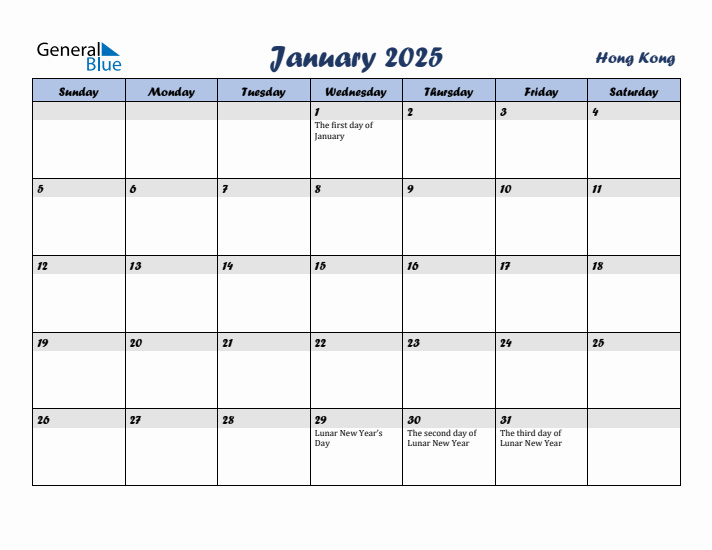 January 2025 Calendar with Holidays in Hong Kong