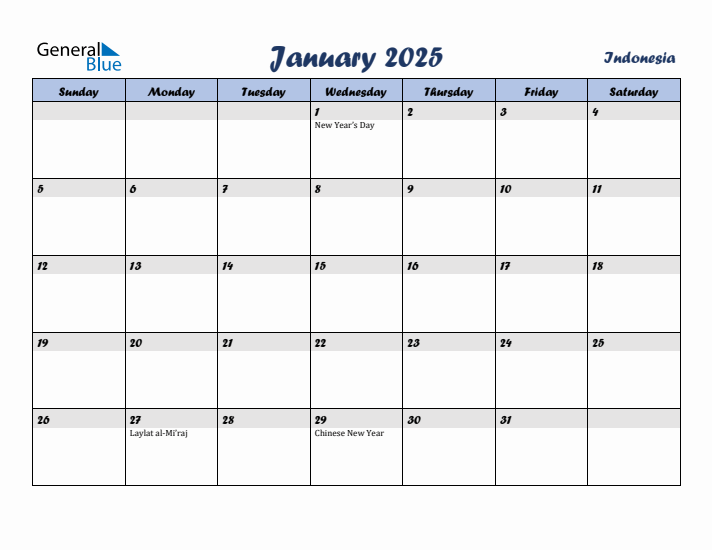 January 2025 Calendar with Holidays in Indonesia