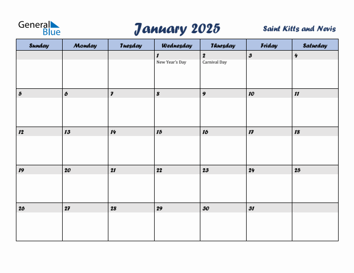 January 2025 Calendar with Holidays in Saint Kitts and Nevis