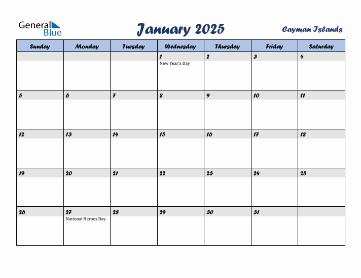 January 2025 Calendar with Holidays in Cayman Islands