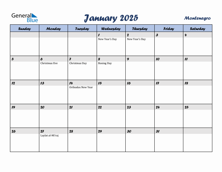 January 2025 Calendar with Holidays in Montenegro