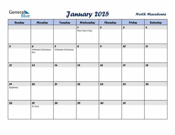 January 2025 Calendar with Holidays in North Macedonia