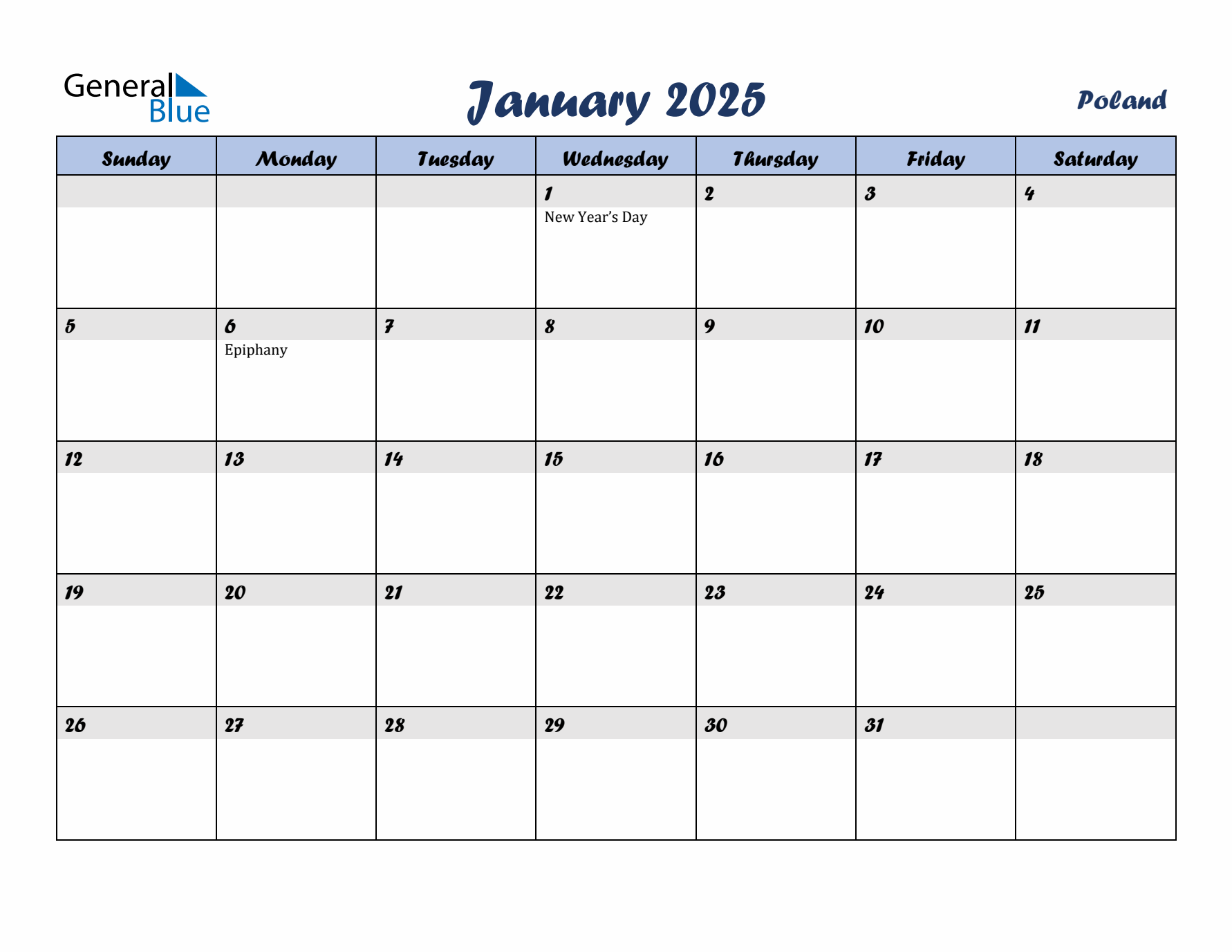 January 2025 Calendar with Holidays in Poland