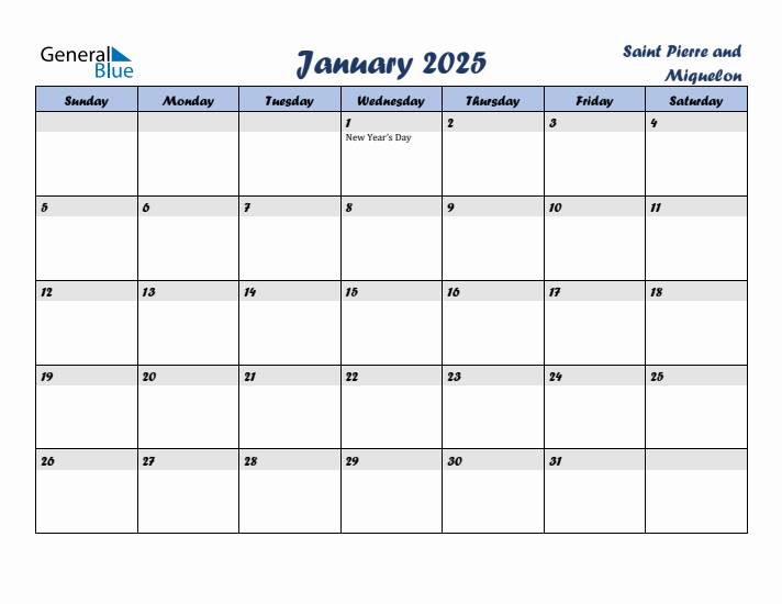 January 2025 Calendar with Holidays in Saint Pierre and Miquelon