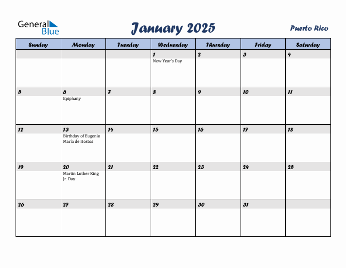 January 2025 Calendar with Holidays in Puerto Rico