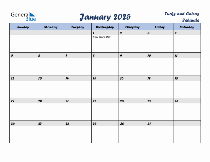 January 2025 Calendar with Holidays in Turks and Caicos Islands