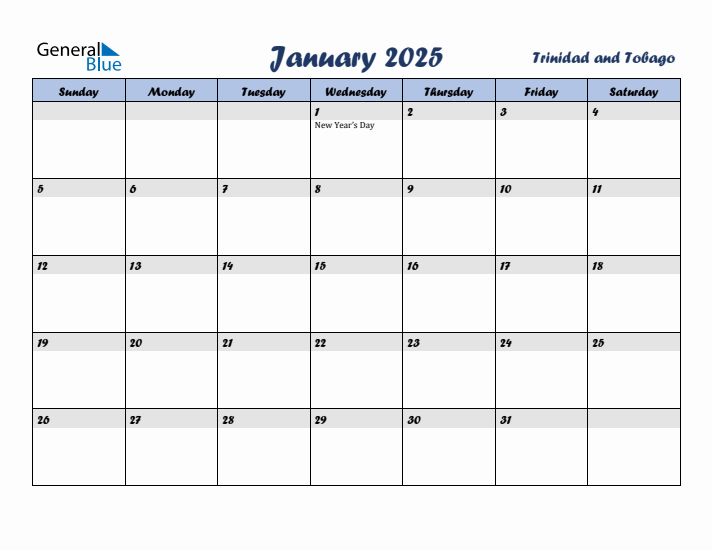 January 2025 Calendar with Holidays in Trinidad and Tobago