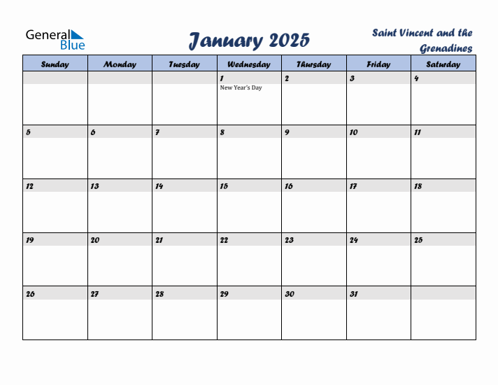January 2025 Calendar with Holidays in Saint Vincent and the Grenadines