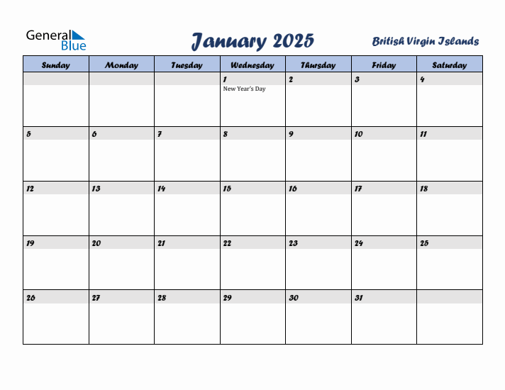 January 2025 Calendar with Holidays in British Virgin Islands