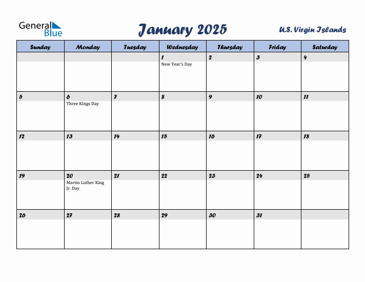 January 2025 Calendar with Holidays in U.S. Virgin Islands