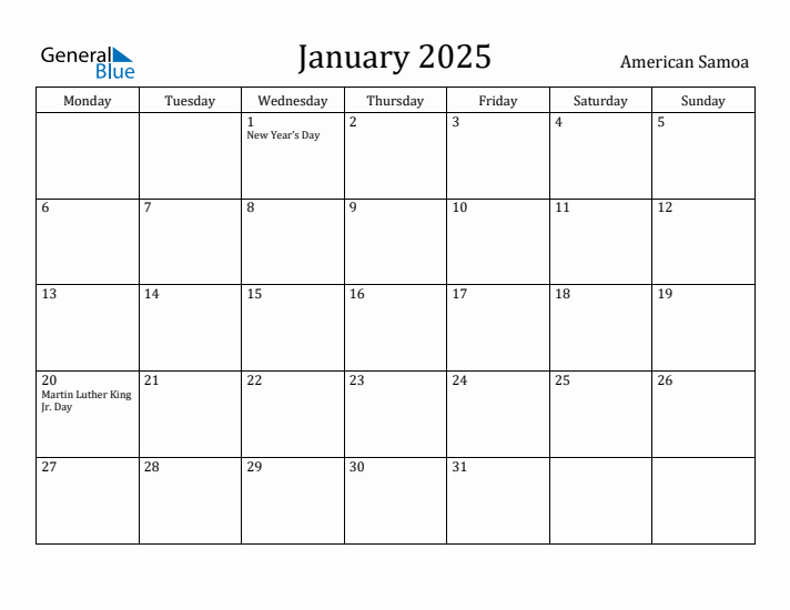 January 2025 Calendar American Samoa