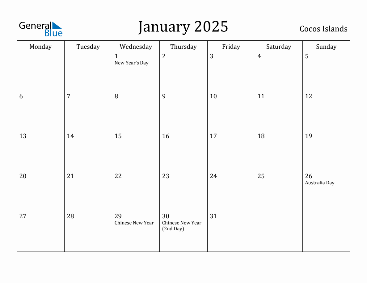 Cocos Islands Monthly Calendar - January 2025 (Monday Start)