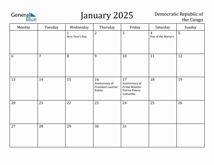 January 2025 Calendar Democratic Republic of the Congo