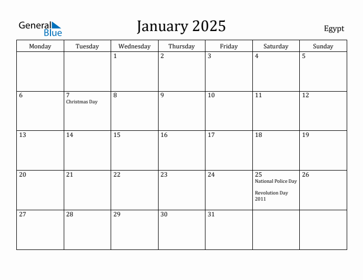 January 2025 Calendar Egypt