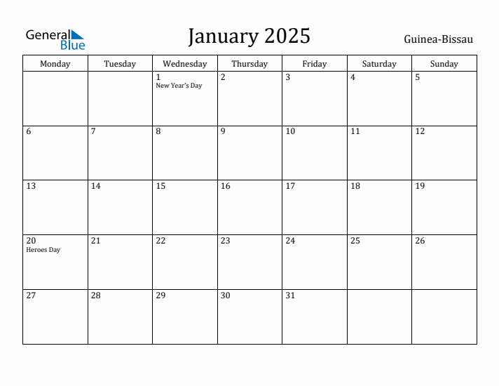 January 2025 Calendar Guinea-Bissau