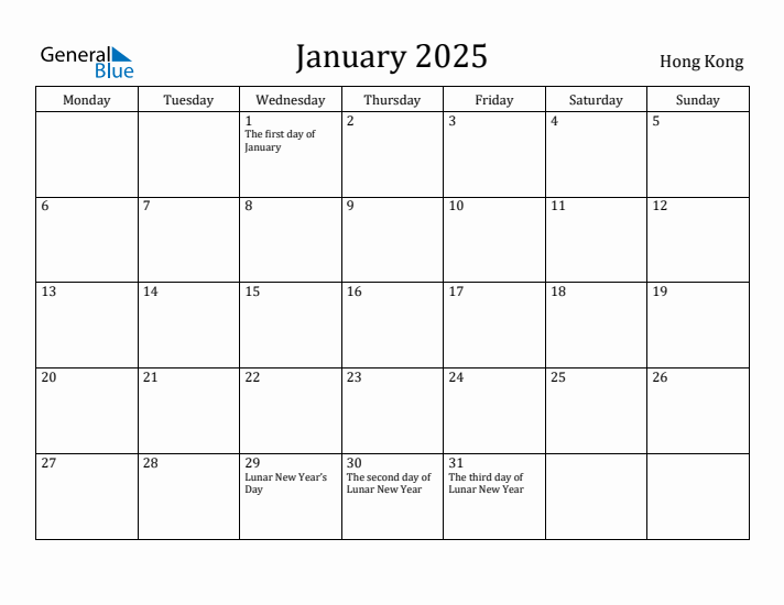 January 2025 Calendar Hong Kong
