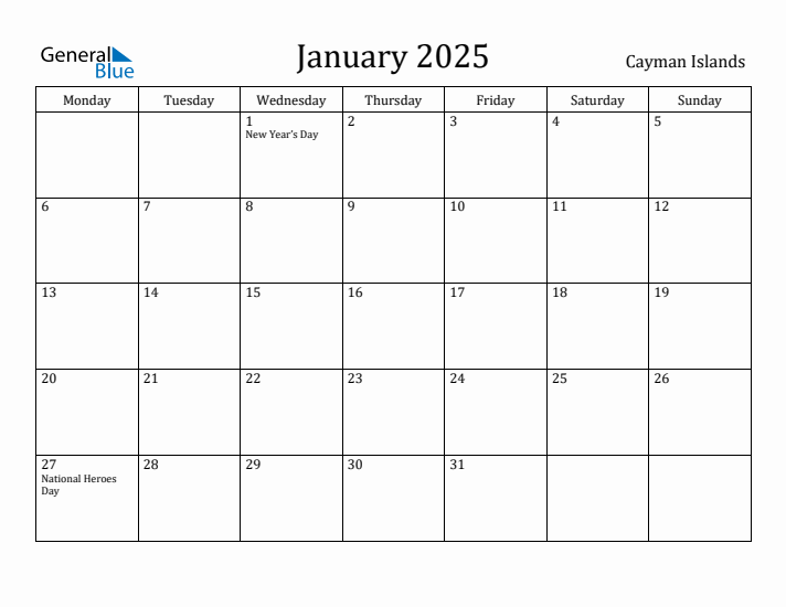 January 2025 Calendar Cayman Islands
