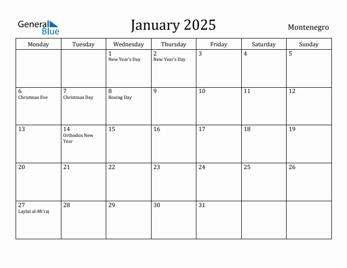 January 2025 Calendar Montenegro
