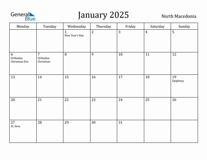 January 2025 Calendar North Macedonia