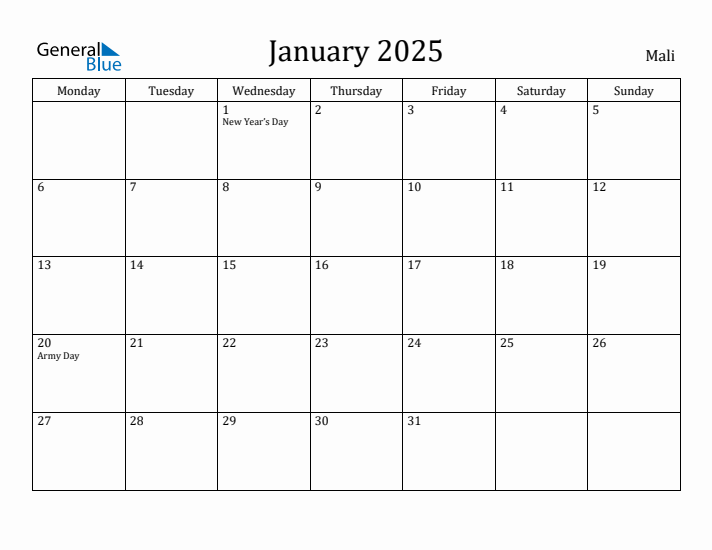 January 2025 Calendar Mali
