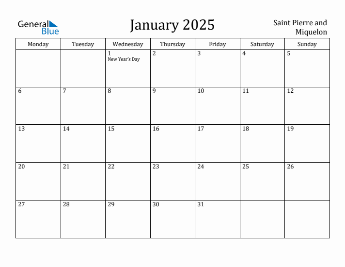 January 2025 Calendar Saint Pierre and Miquelon