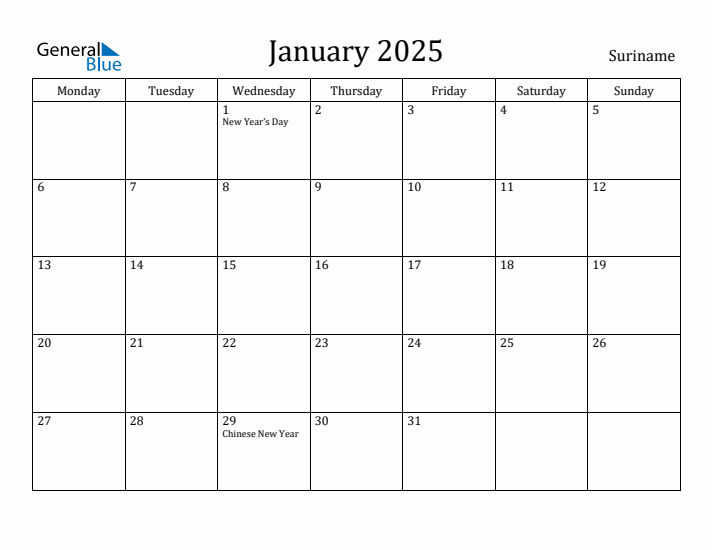January 2025 Calendar Suriname