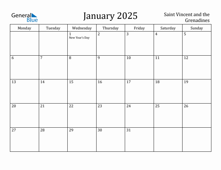 January 2025 Calendar Saint Vincent and the Grenadines