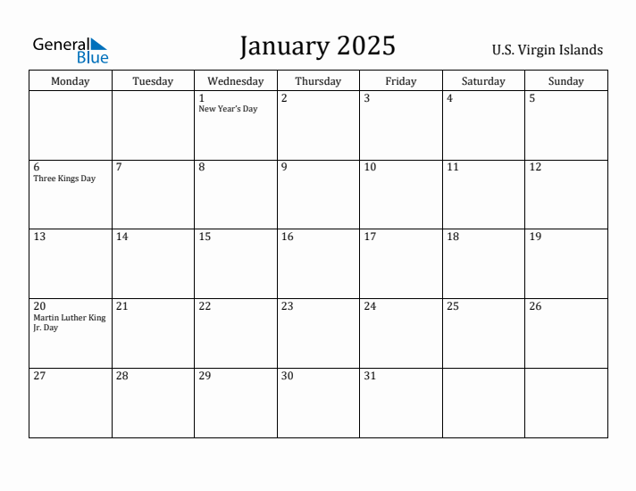 January 2025 Calendar U.S. Virgin Islands