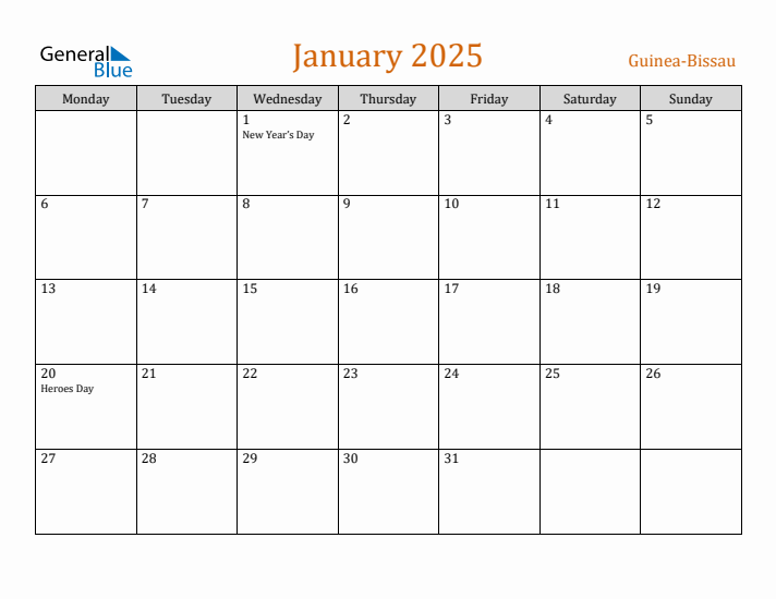 January 2025 Holiday Calendar with Monday Start